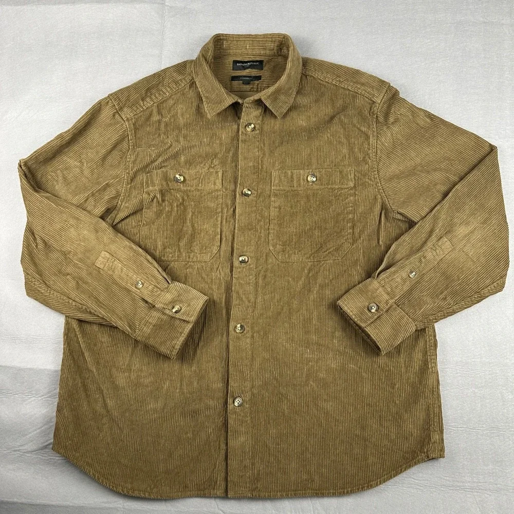 Banana Republic Mens XL Wide Wale Corduroy Shirt Camel Tan Standard Fit